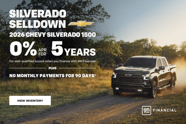 2026 Chevy Silverado 1500. 0% APR for 5 years. For well-qualified buyers when you finance with GM...